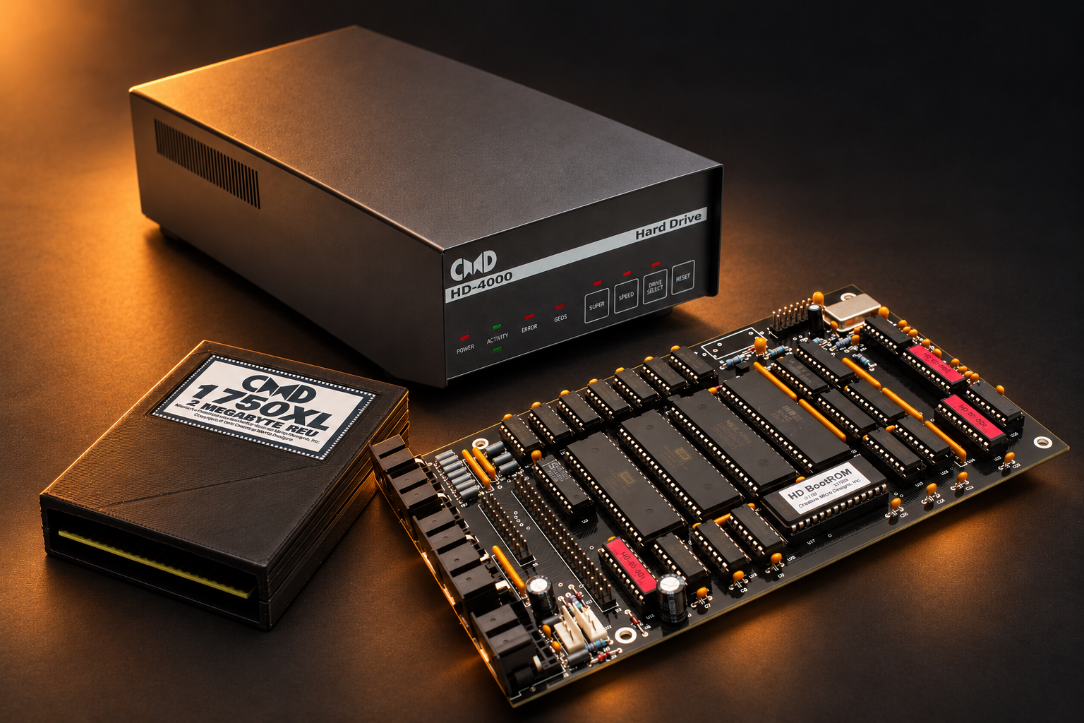 Handmade COREi64 hardware: an assembled HD-4000, a populated HD circuit board and a 1750XL cartridge